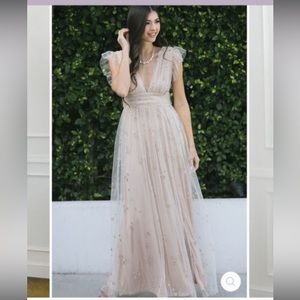 Wendy Tulle Ruffle Sleeve Maxi Dress in Champagne with sparkles Large